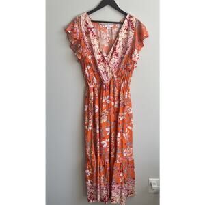 Venus Lascana Maxi Dress orange floral print Summer Spring Sundress L Resort